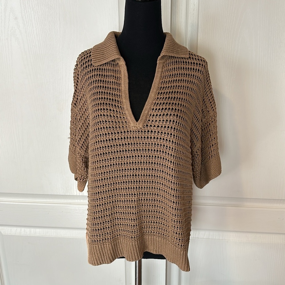MAX STUDIO LONDON BROWN KNIT COLLARED POLO BLOUSE